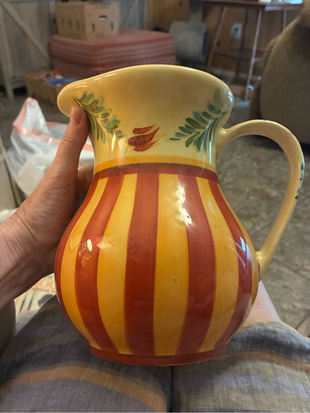 Handcrafted Ceramic Pitcher in Yellow and Red Stripes Gail Pittman design